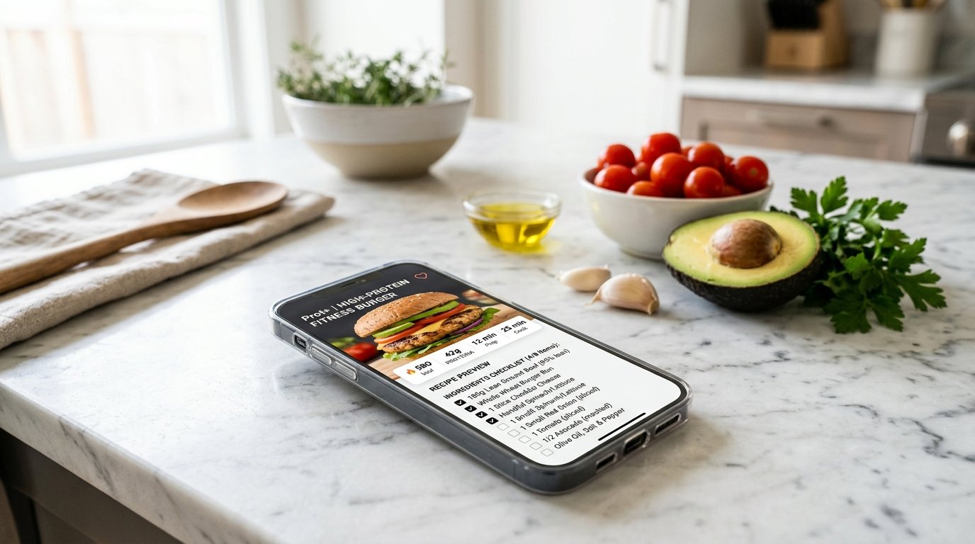 Ficha da receita com macros na grama e checklist de ingredientes
