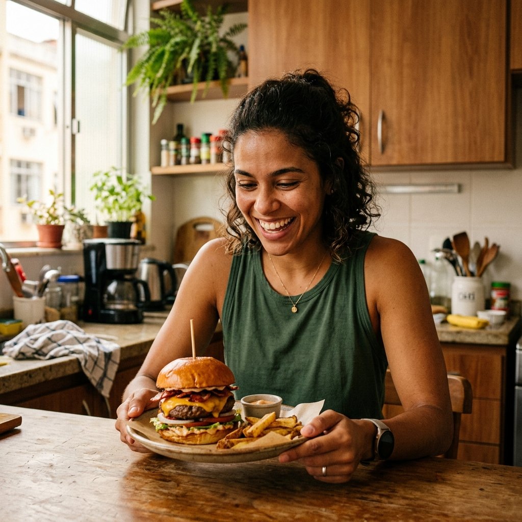 Mulher brasileira atlética feliz comendo um hambúrguer proteico suculento na cozinha